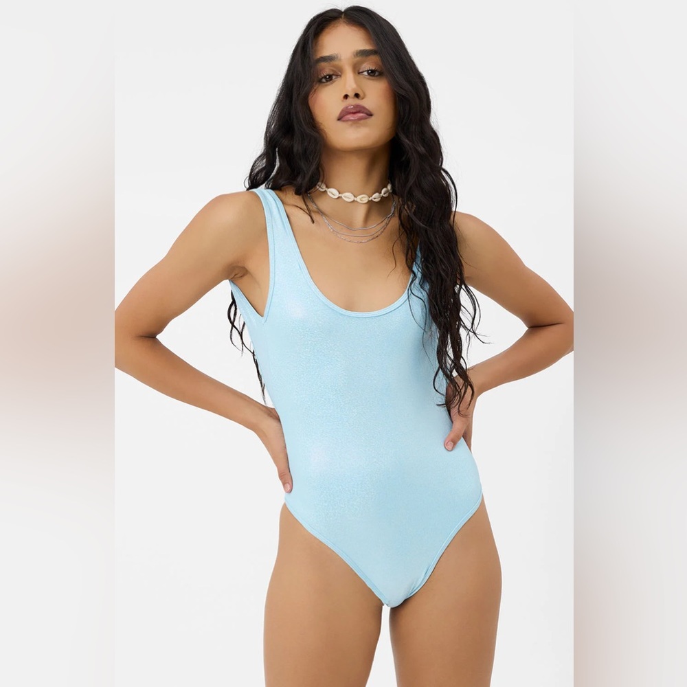 New Frankie's Bikinis Kyle Iridescent One Piece Swimsuit Cloud Chase Blue Medium